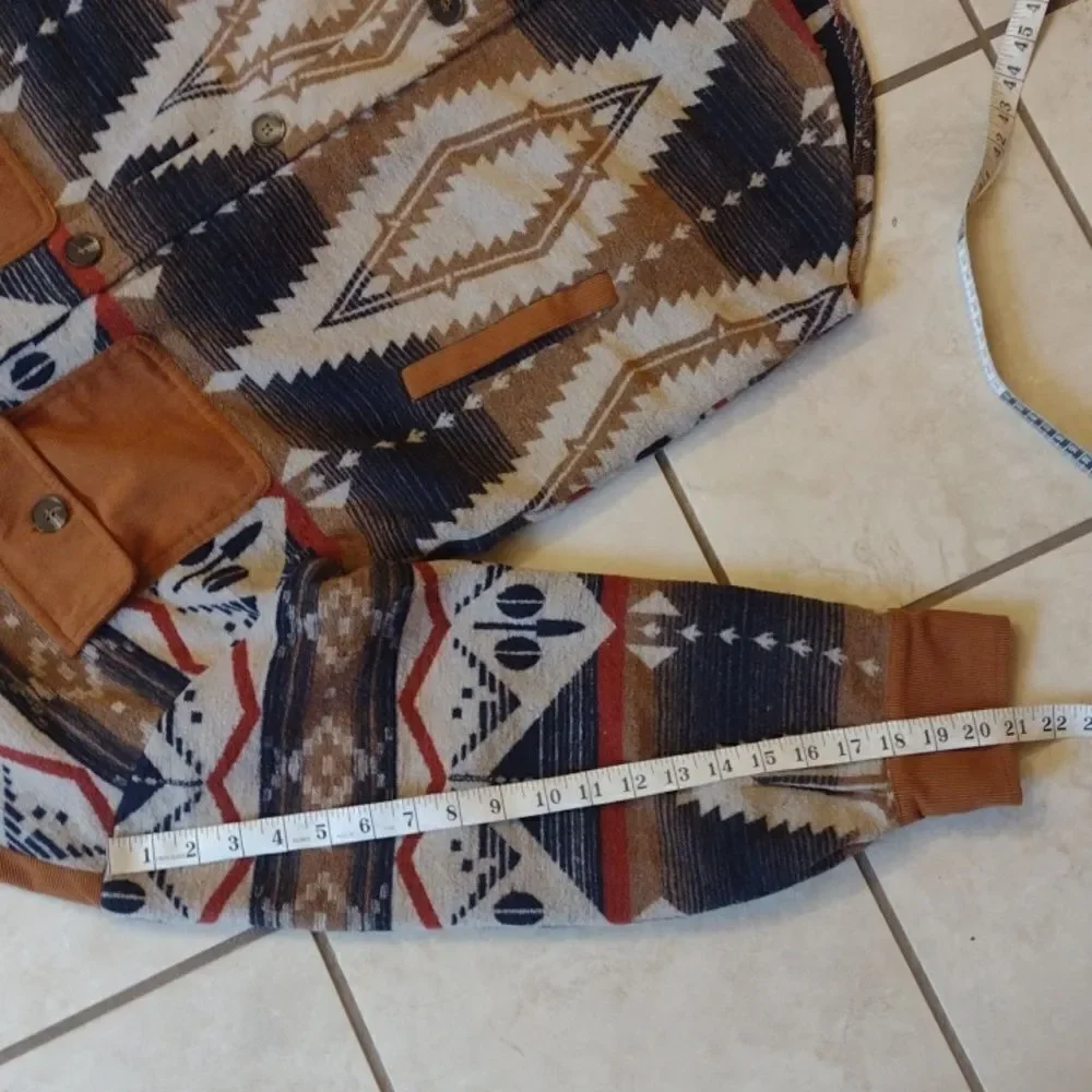 Western Shaket Sweater Jacket Tribal Aztec Print brown black buttondown L - Picture 10 of 13